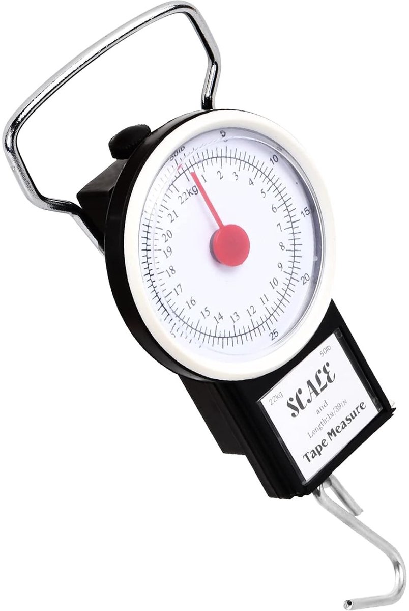 Hanging Suitcase Scale met 1 m Meetlint, Analoge Bagageschaal tot 22 kg, Ideaal voor Reizen en Vissen