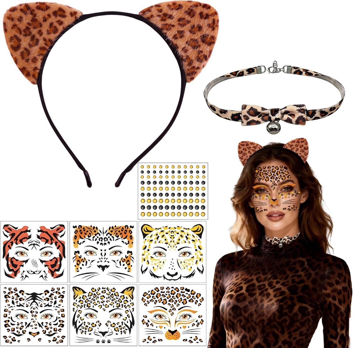 9-delige set haarbanden met dierenoren en strikjes, inclusief tijdelijke tattoos voor carnaval en feesten, perfect voor dierenliefhebbers en kostuums