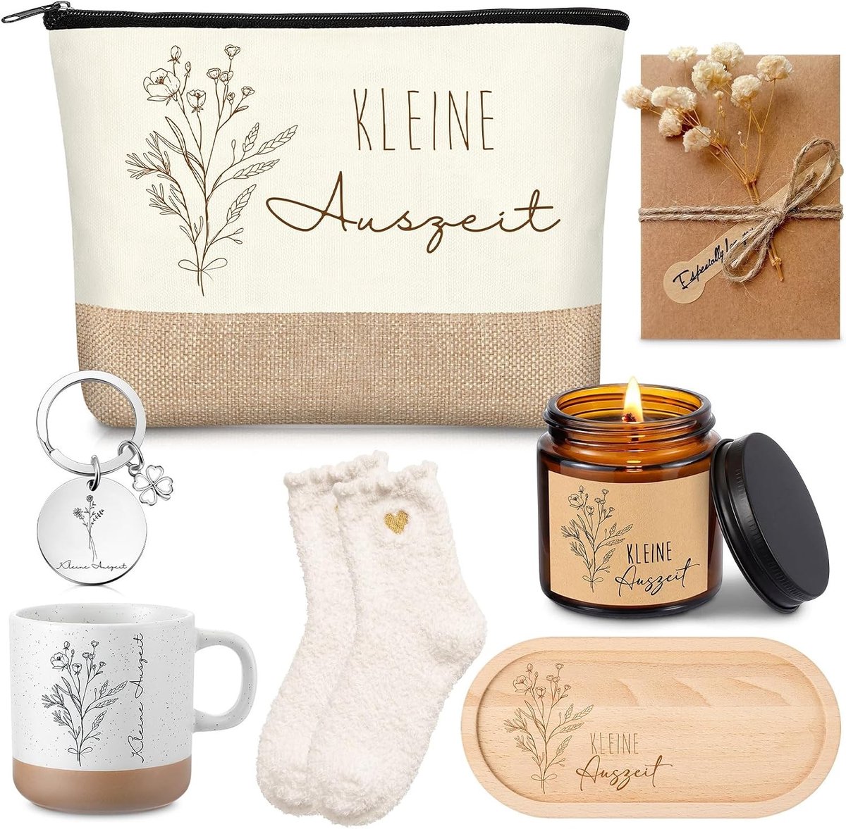Cadeauset voor Vrouwen met Jasmijngeur: Cosmeticatasje, Kaarsen, Mok, Sokken en Wenskaart voor een Ontspannende Kleine Auszeit