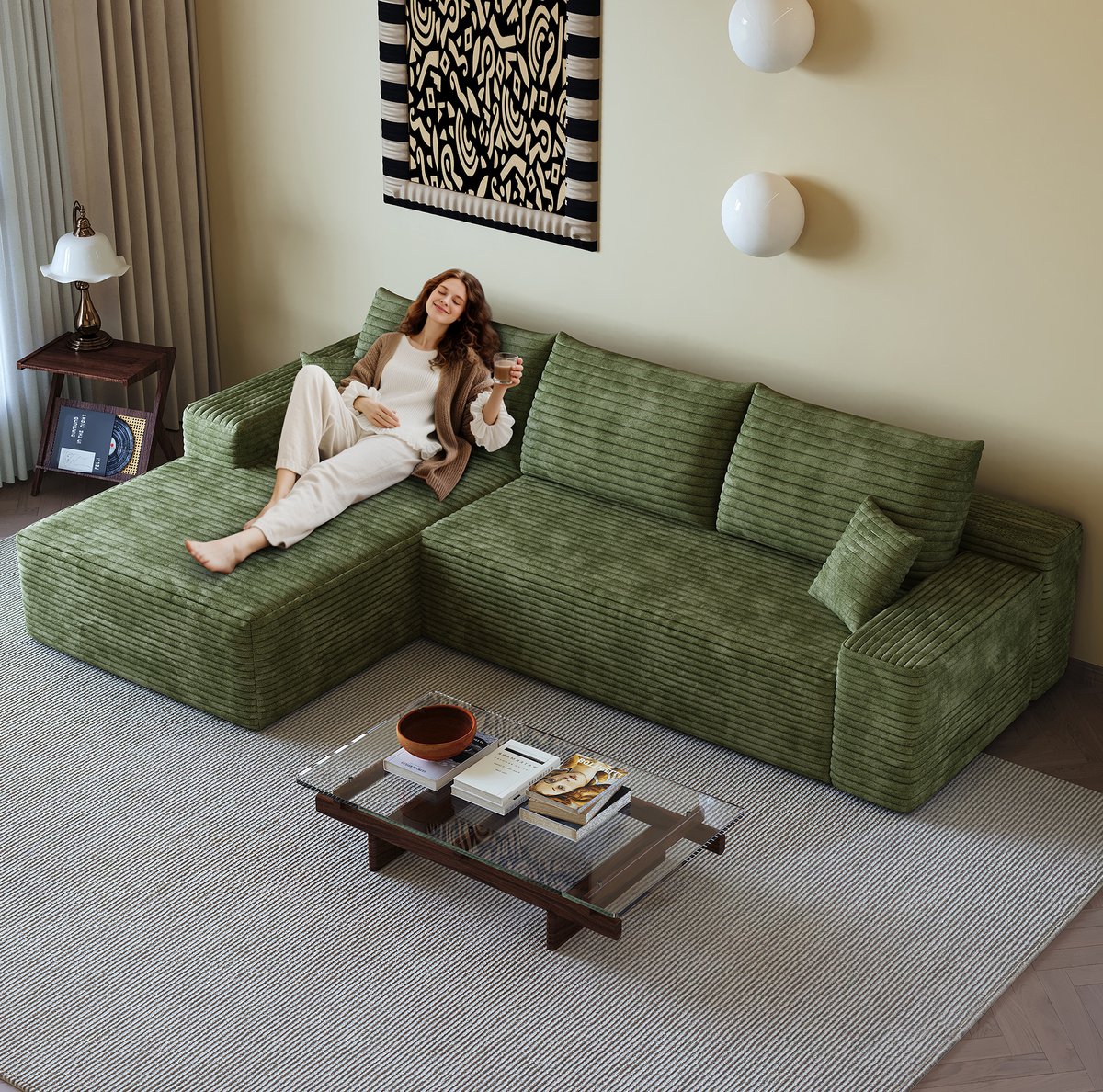 MODENUIT Hoekbank 270 cm - L-vormige Chaise Longue - 3-Zits - Voor Woonkamer En Appartement - Stof Groen