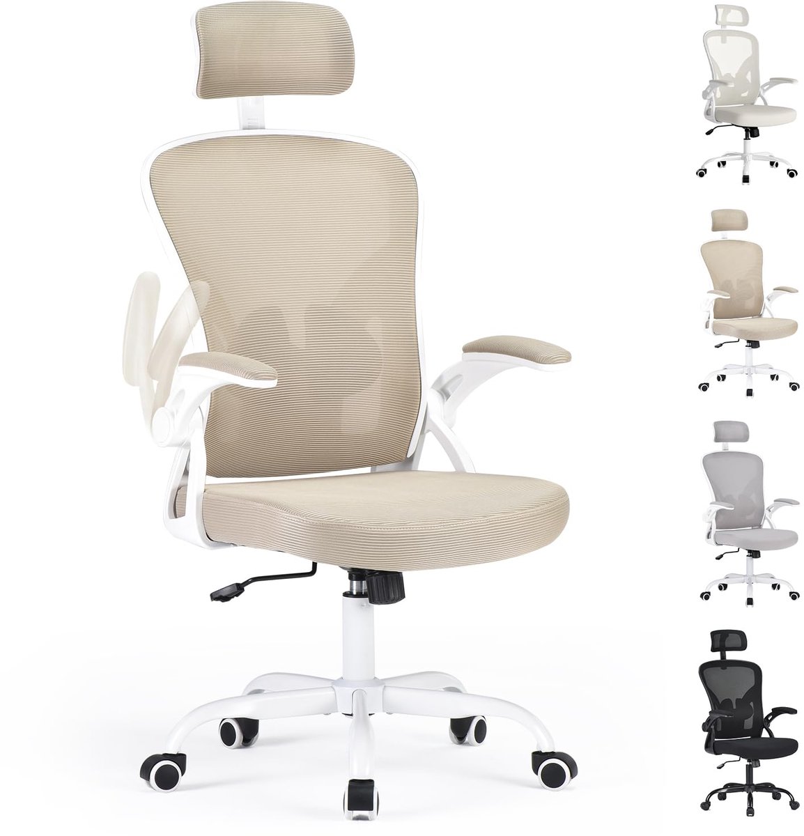 Ergonomische bureaustoel met armleuningen - comfortabele kaki stoel - ideaal voor thuiskantoor - met wielen - ShopVlot
