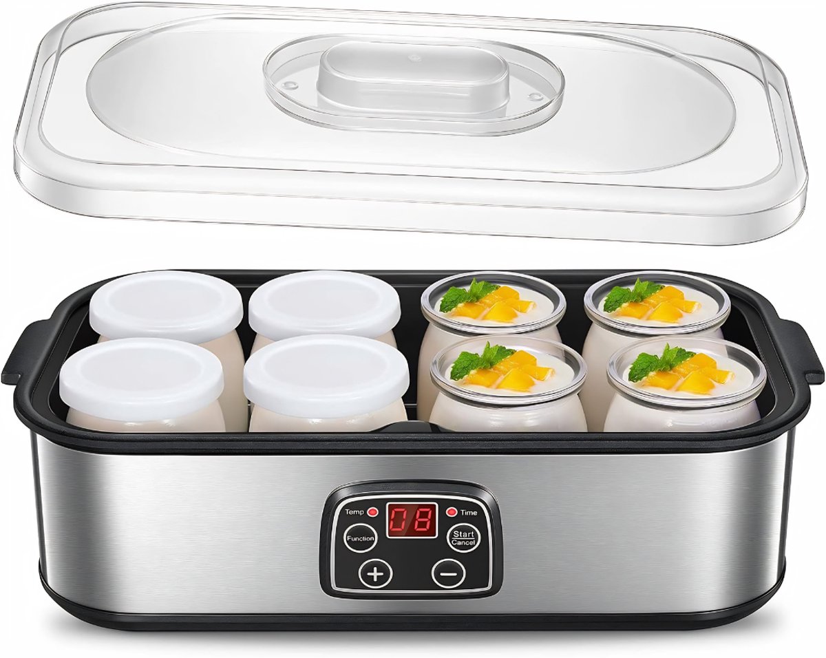Lìon® Yoghurtmaker - 8 glazen/deksels - Suikervrije opties voor baby's, kinderen en parfait - Griekse yoghurtmachine - Grijs - 37cm x 18cm x 14cm