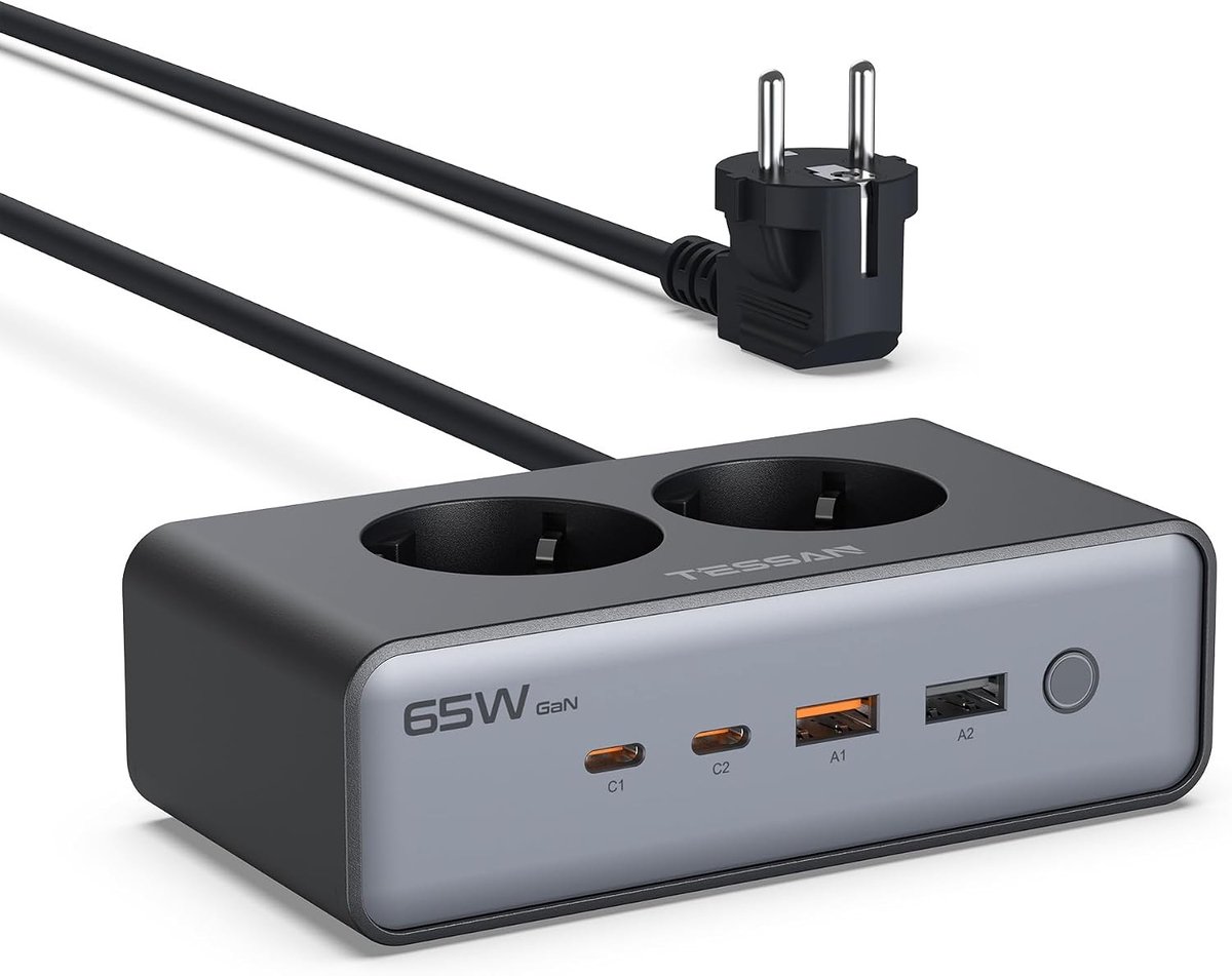 6-in-1 Oplaadstation met 2 AC Stopcontacten, GaN PD 65W USB C Snellader en 1.5m Verlengsnoer voor Mobiele Telefoons, Tablets en Laptops