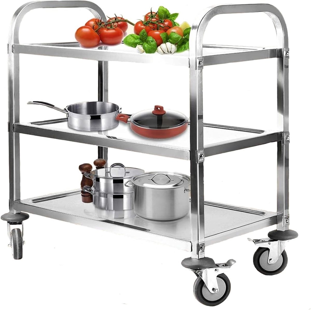 RVS Serving Cart met 3 Verdiepingen en 4 Vaste Rubber Wielen voor Hotel, Restaurant en Thuisgebruik - Afmetingen Ongeveer 75x40x83.5cm