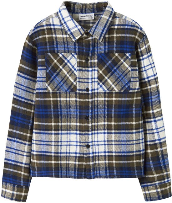 Olijfgroen, blauw en wit geruit overshirt met knopen en twee borstzakken, merknaam Name it in de kraag.