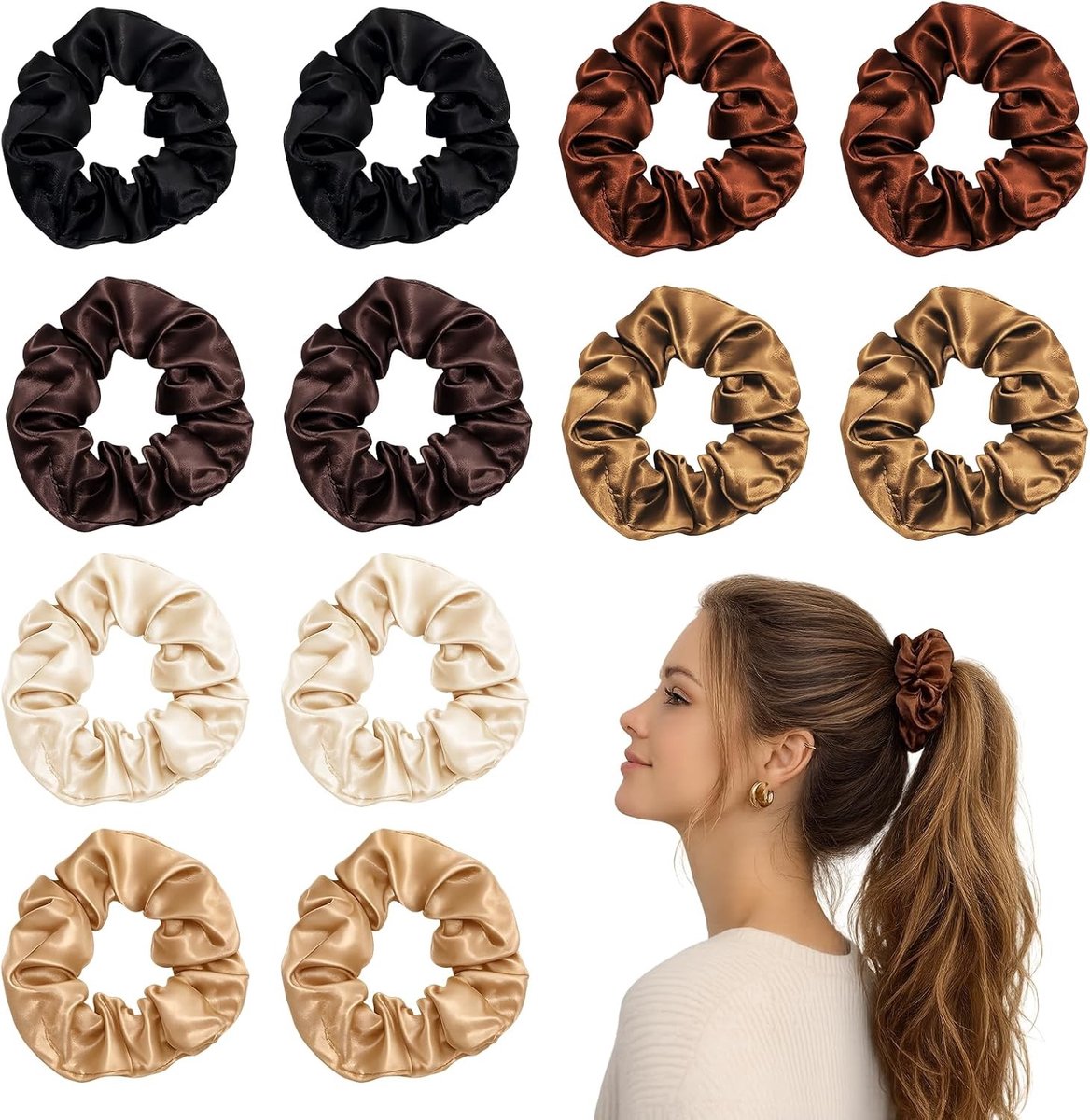 Set van 12 elegante satijnen scrunchies voor dames, haarvriendelijke haarelastiekjes in luipaardpatroon, ideaal voor dagelijks gebruik en kantoor, hoogwaardige vlechtrubberset in bruintinten en trendy accessoires