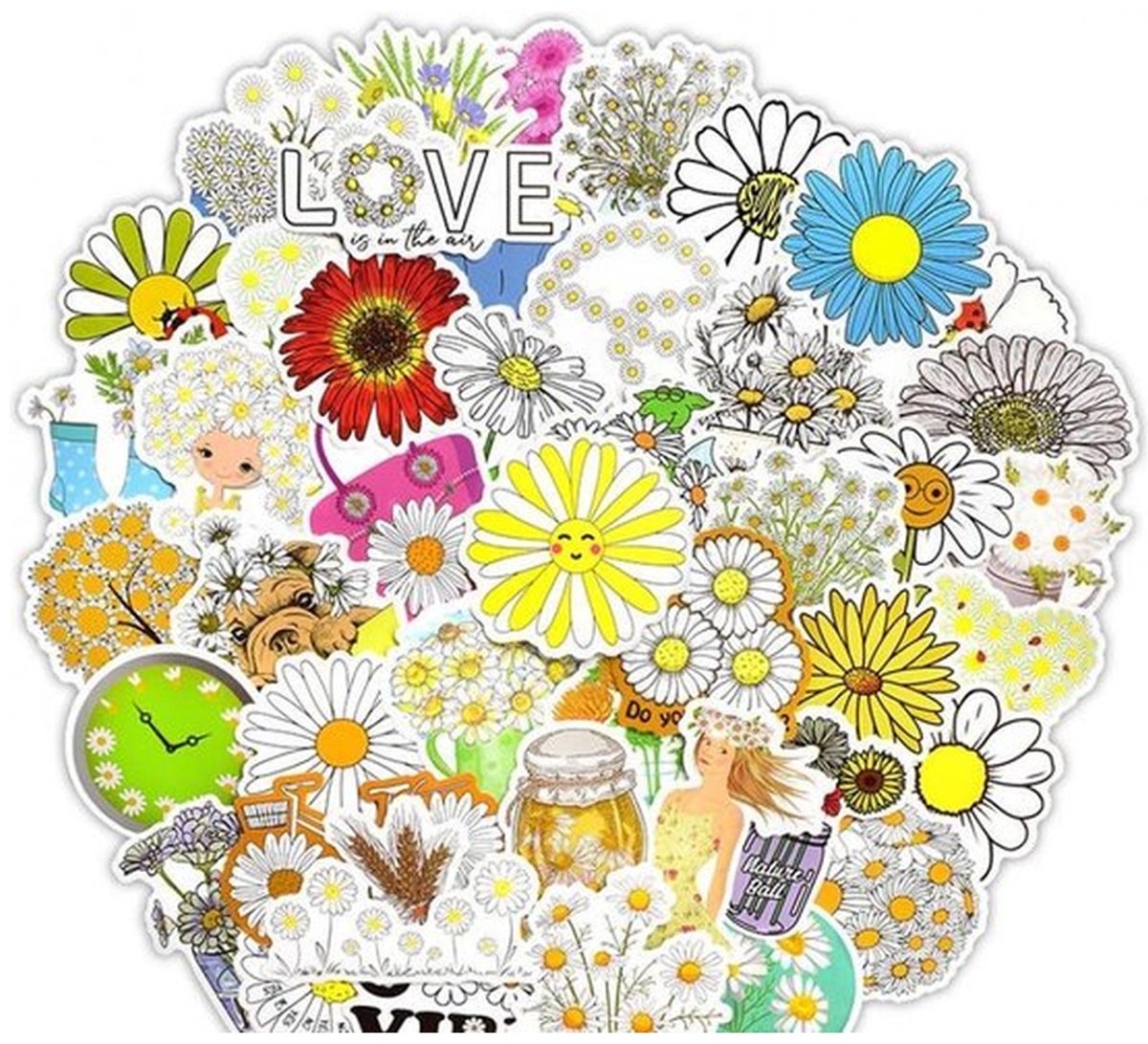 50 Bloemen Stickers – Madeliefjes, Margrieten & Zomerse Teksten