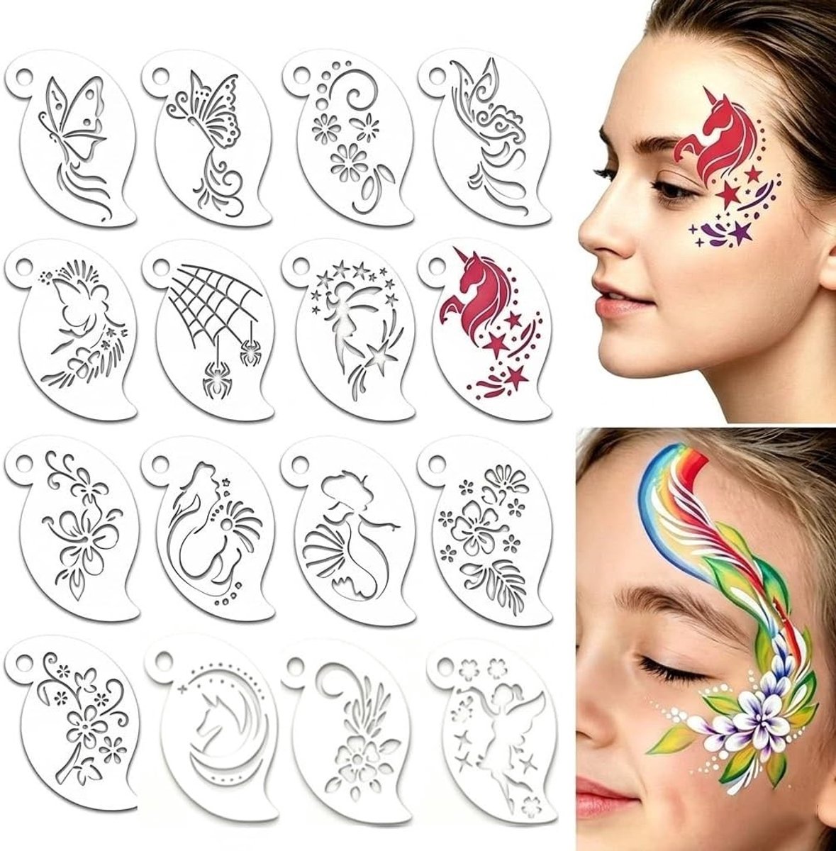 Herbruikbare sjablonen voor gezichtsschildering en make-up - 16 diverse ontwerpen voor carnaval, Halloween en feestjes, ideaal voor knutselen en body art