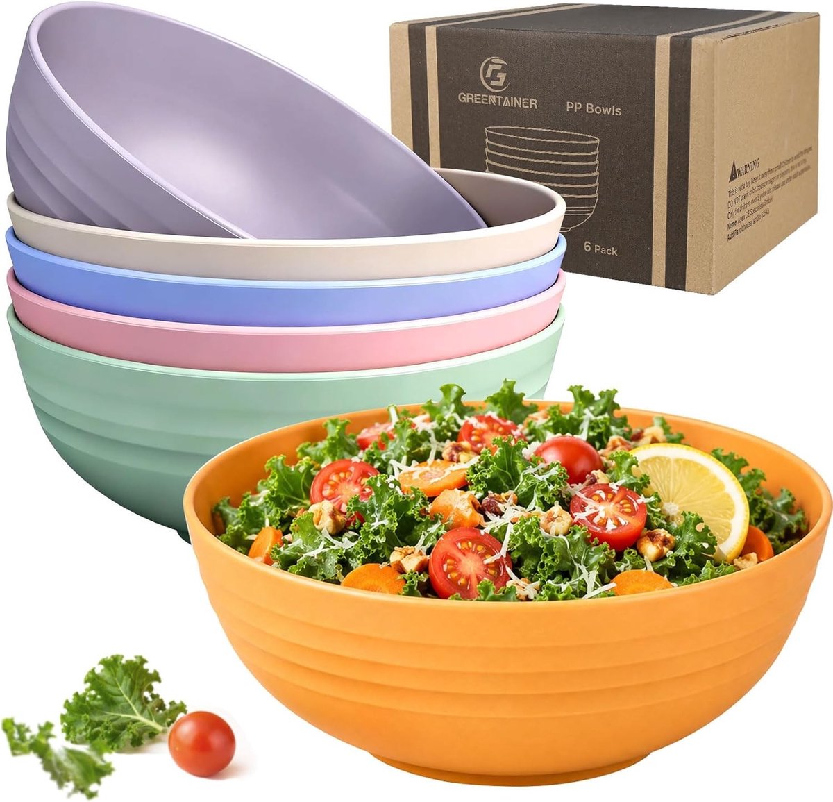 Grote onbreekbare cereal kommen van 2.25 L – Set van 6 kleurrijke plastic kommen voor soep, fruit en salades, vaatwasser- en magnetronbestendig