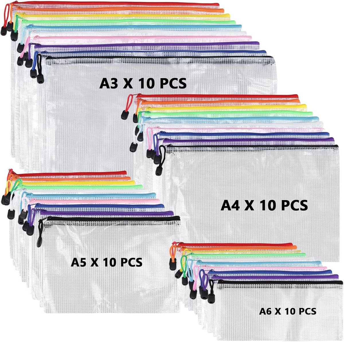 40 Stuks Kleurige Zipper Bestanden, Plastic Mappen voor Documenten, Organiseren en Reizen met A3 A4 A5 A6 Formaat
