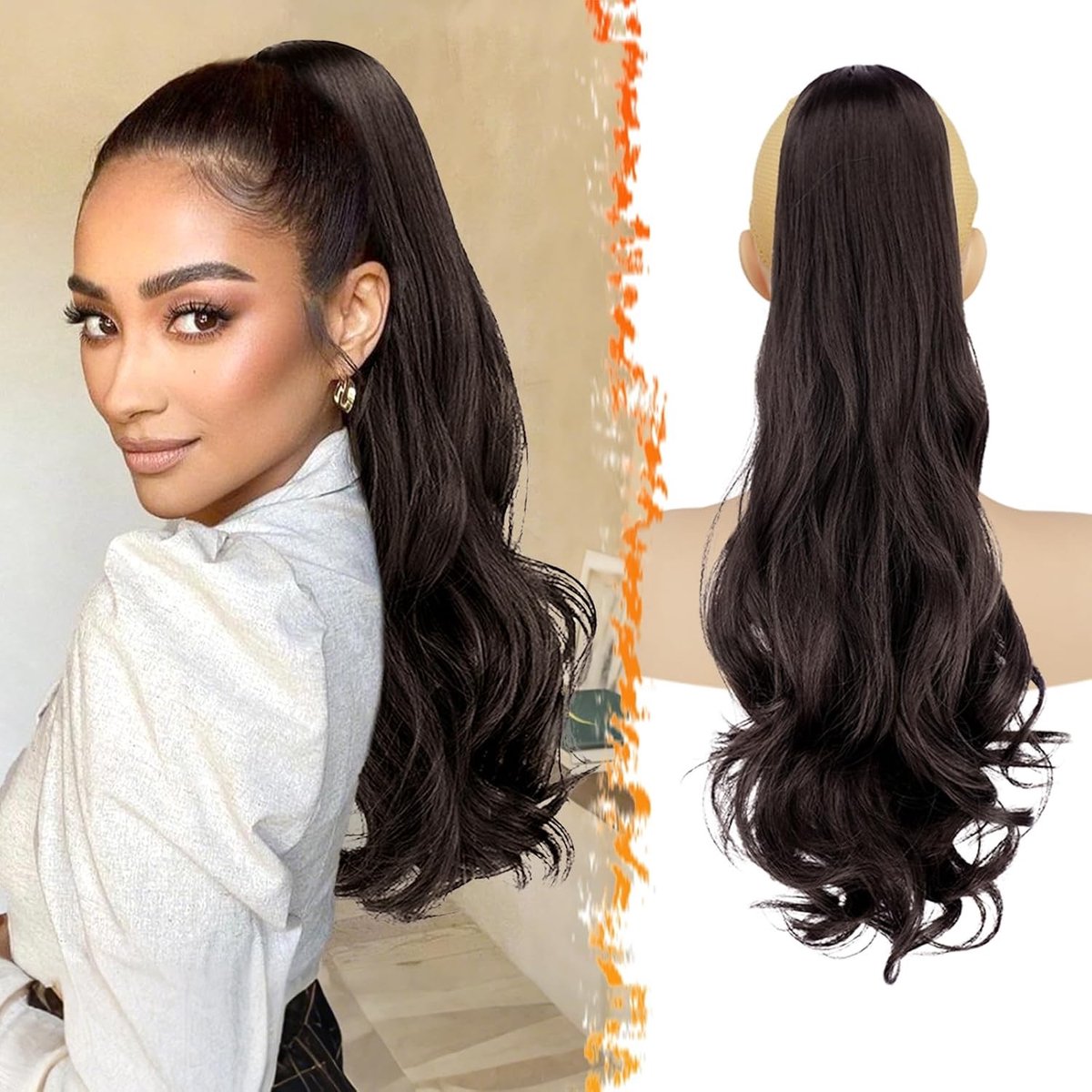 Ponytail Extensions 50cm Golvend Met Clip, Natuurlijke Uitziende Synthetische Donkerbruin Krullend Haarstuk voor Vrouwen, Perfect voor Diverse Stijlen
