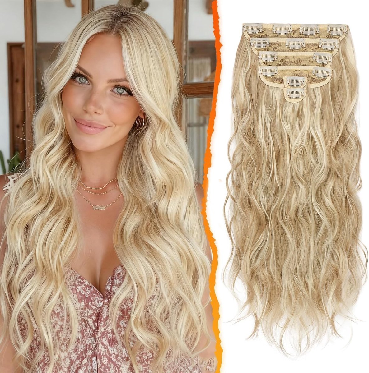 Clip-in Haarextensions 50cm Lang Golvend Blondef Haar - 6 Stuks Dikke Krullende Natuurlijke Synthetische Haarstukken voor Vrouwen (Licht Asblond Gemengd)