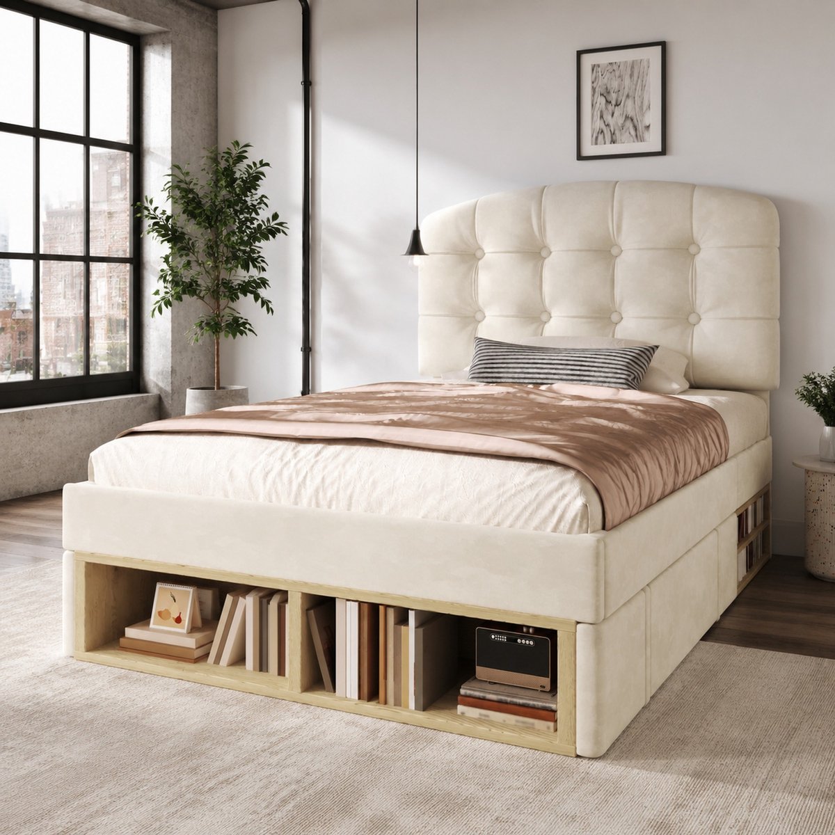 Wishdor Eenpersoonsbed 90x200 cm - Verstelbaar hoofdeinde - Opbergruimte en bedlade - Gestoffeerd - Beige - Lattenbodem - Zonder matras