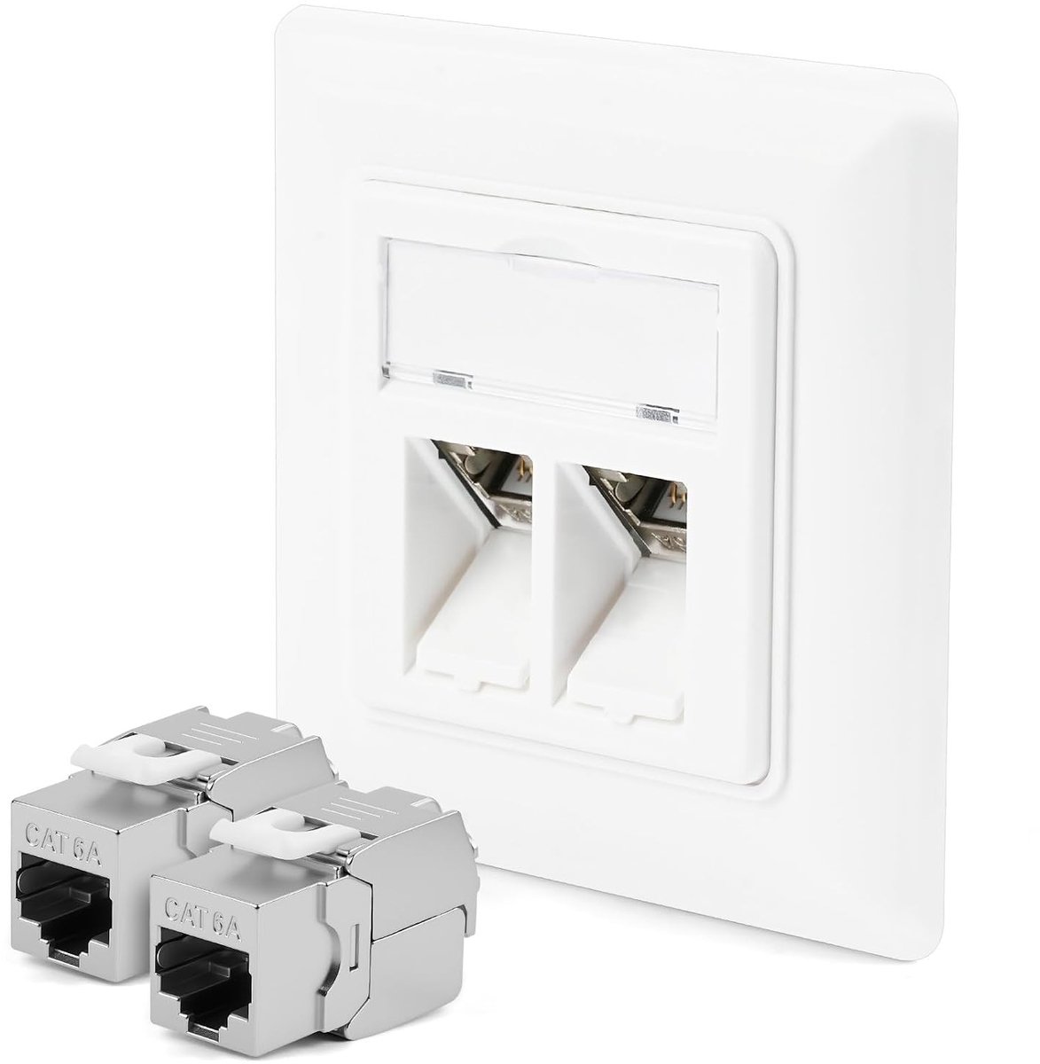 Universele Netwerkverbinding CAT 6A met 2 x RJ45 Keystone Poorten voor 10 Gigabit Ethernet, Geschikt voor Oppervlakte- of Ingebouwde Installatie van Netwerkkabels