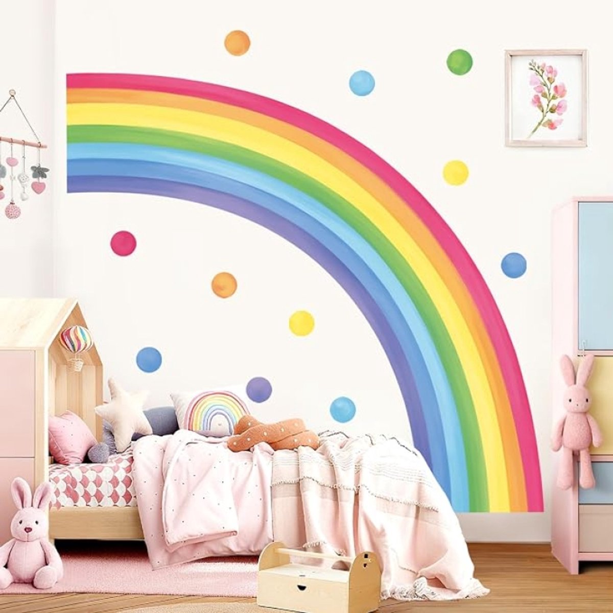 Muurstickers Kinderen Extra Grote Regenboog Aquarel Stippen Pastel Wanddecoratie voor Slaapkamer, Kleuterschool, Klaslokaal - 30x90 cm