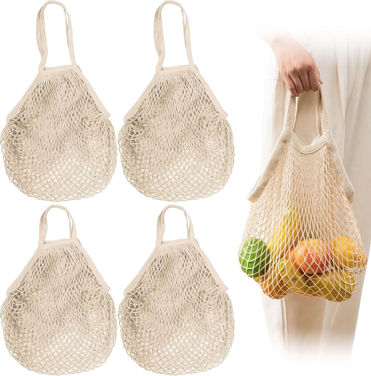 Herbruikbare Katoenen Netten voor Boodschappen, Set van 4 Beige Mesh Tassen voor Fruit, Groenten en Speelgoed aan het Strand
