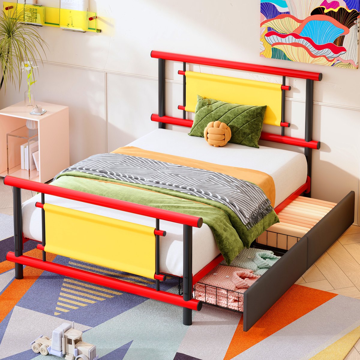 Wishdor Kinderbed 90x200 cm - Met bedlade - Stevig metalen bedframe - Rood - Eenpersoonsbed voor kinderkamer - Met lattenbodem en opbergruimte