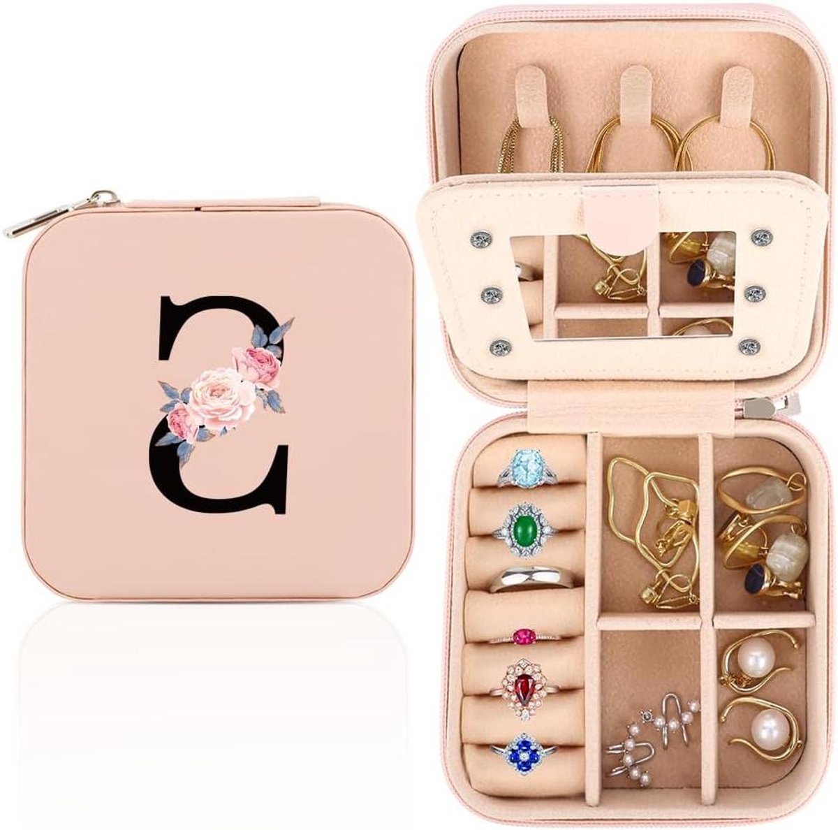 Juwelendoosje Reizen - Opbergdoosje Sieraden - Sieraden Organiseren - Met Spiegeltje - 10 x 10 cm - Rood
