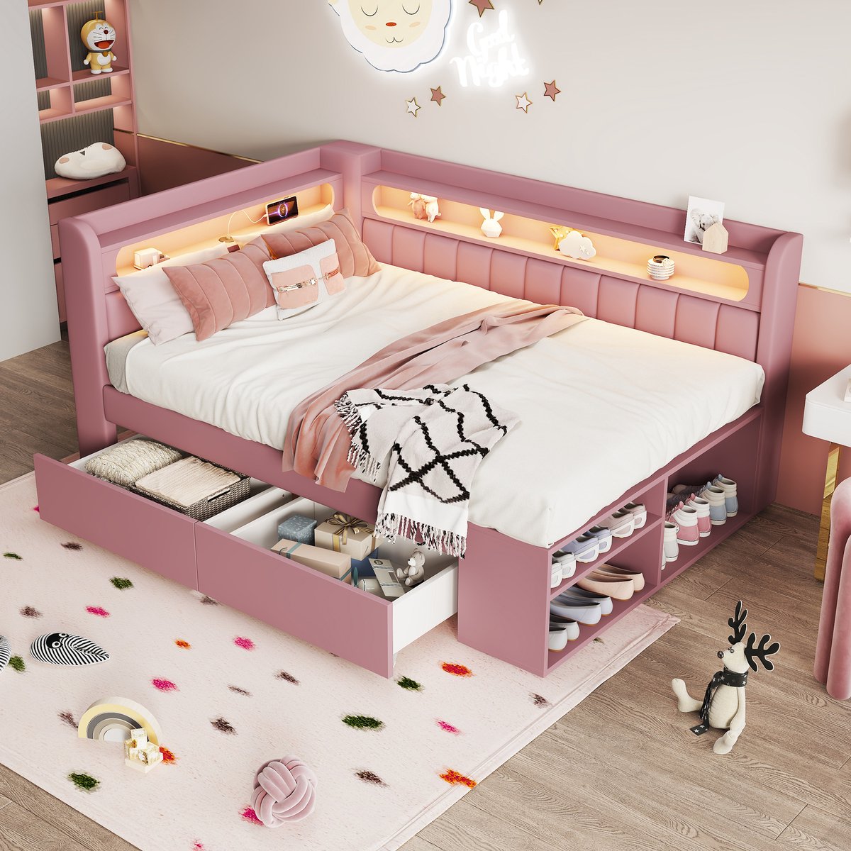 Wishdor Bed 90x200 cm - Met LED-verlichting en USB-aansluiting - Met 2 lades en schoenkast - Gepolsterd - MDF en hout - Roze - Eenpersoons - Lattenbodem