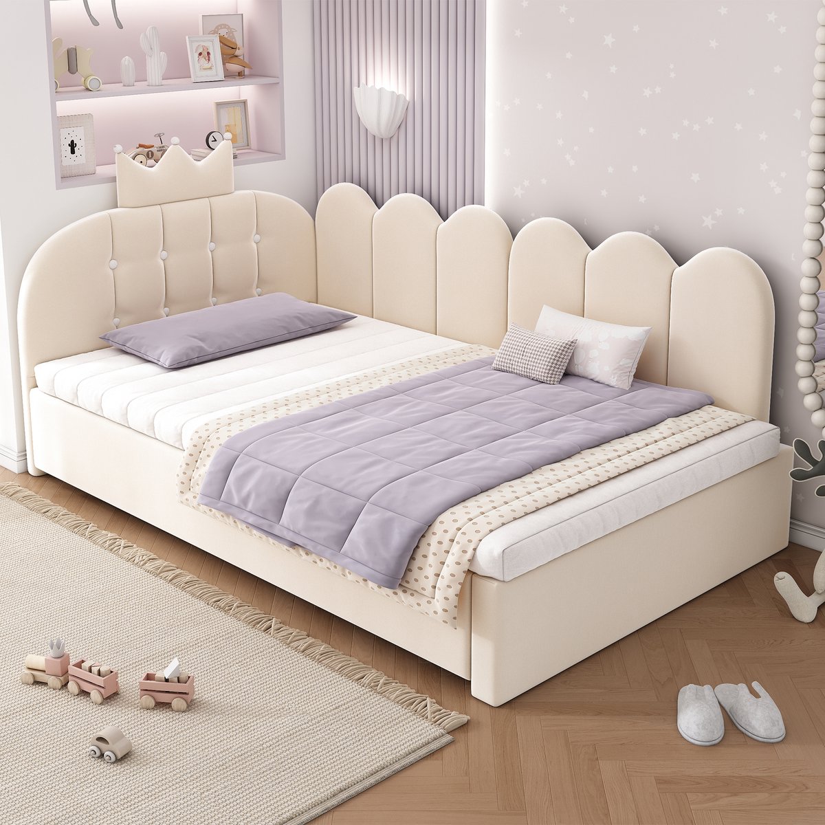 Wishdor Bedbank 90x200 cm met uitklapbed - Kroon- en roosterdesign - Zachte fluwelen bekleding - Beige - L-vorm voor kinderkamer en logeerkamer