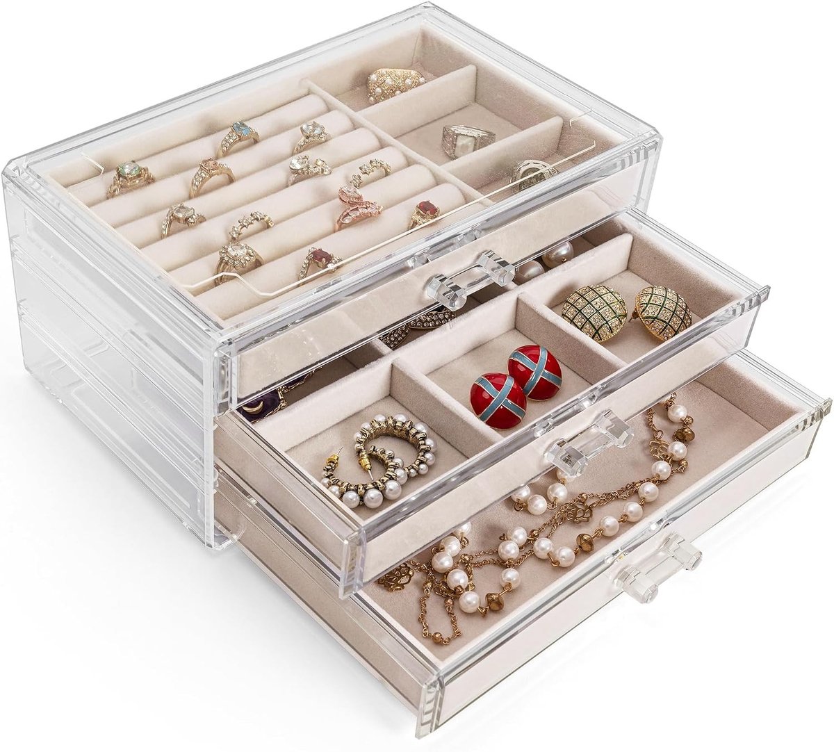 Transparante Acryl Sieradenbox met 3 Lades voor Ringen, Oorbellen, Horloges, Armbanden en Kettingen in Beige Velvet Afwerking