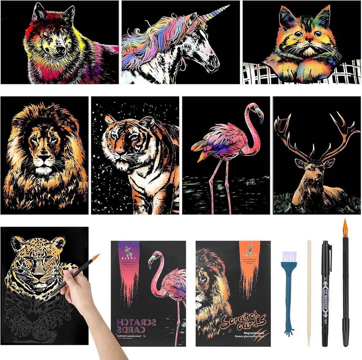 Creatieve Kratzbilder voor Volwassenen, 8 Vellen A4 Kraskaart met 4 Gereedschappen, Dierenserie, DIY Kunstprojecten voor Kinderen en Volwassenen, Perfect voor Ontspanning en Creativiteit