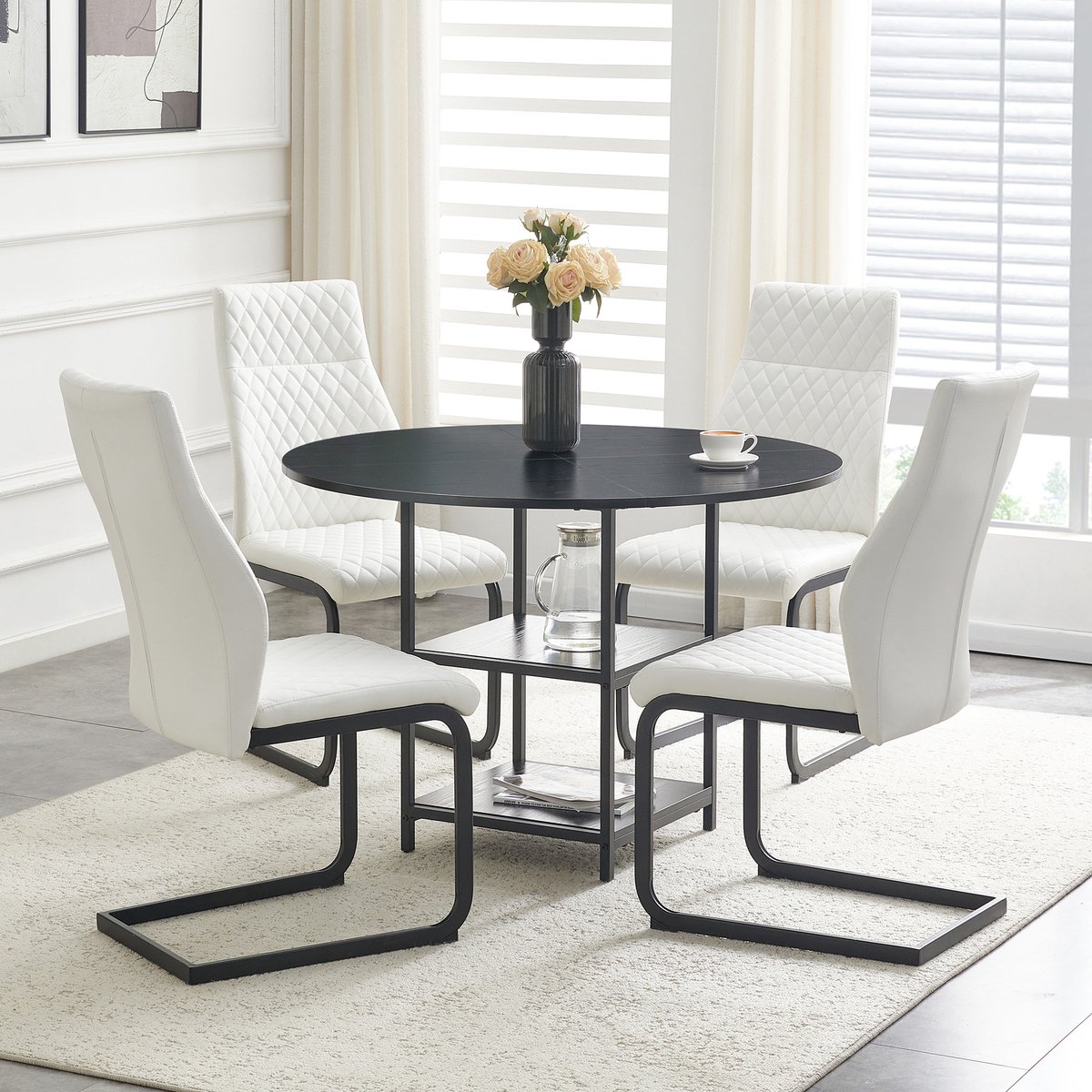 Wishdor Ronde eettafelset 107 cm - Met 4 stoelen en dubbele opbergplanken - Industrieel design - Zwart en wit - MDF en metaal - Voor 4 personen