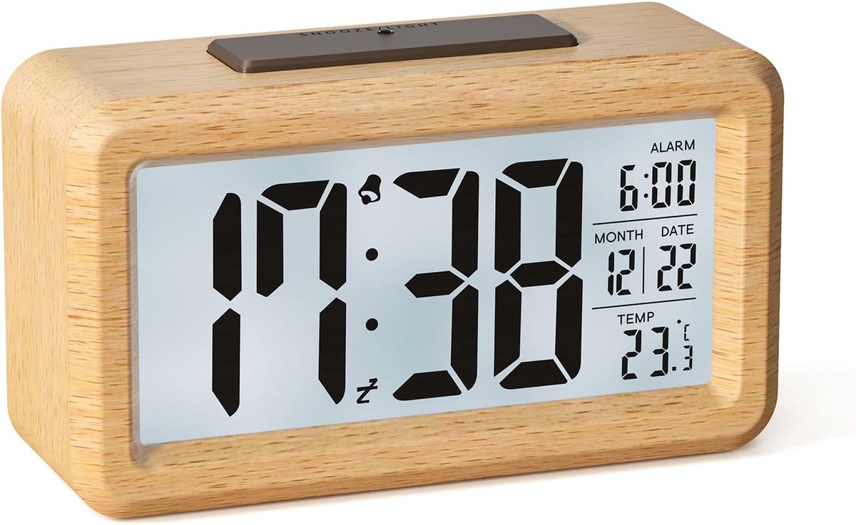 Digitale wekker, houten wekker op batterijen met groot lcd-scherm, digitale klok met achtergrondverlichting, datum, temperatuur, automatische lichtsensor en snooze-functie (3 AAA-batterijen meegeleverd).