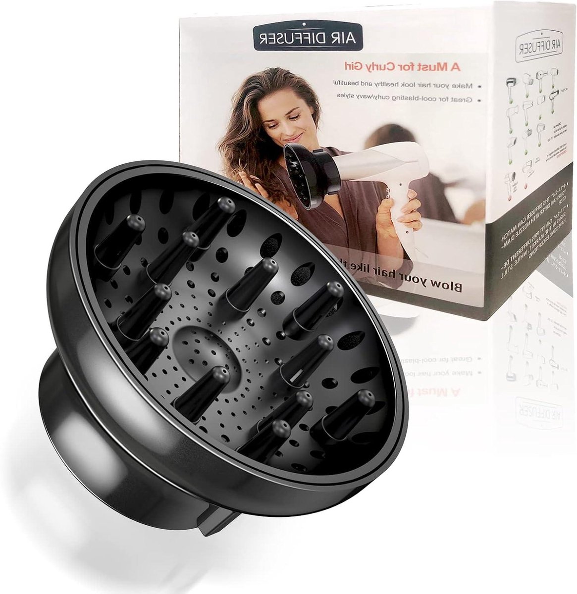 Föhn Diffuser - Krullen Opzetstuk - Krullend Haar Stylen - Universele Pasvorm - 4.3-6.5 CM - Zwart