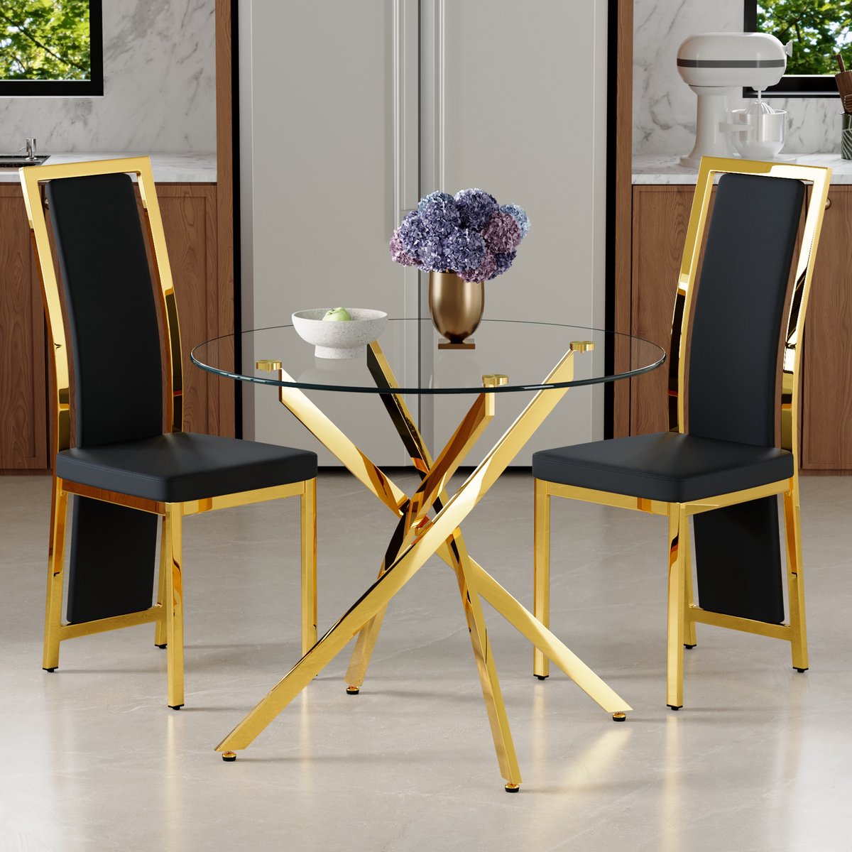 Wishdor Eettafelset 2 stoelen - Rond 88 cm - Glas en metaal - Modern design - Zwart goud - Voor eetkamer en open keuken - Transparante tafel met afgeronde randen