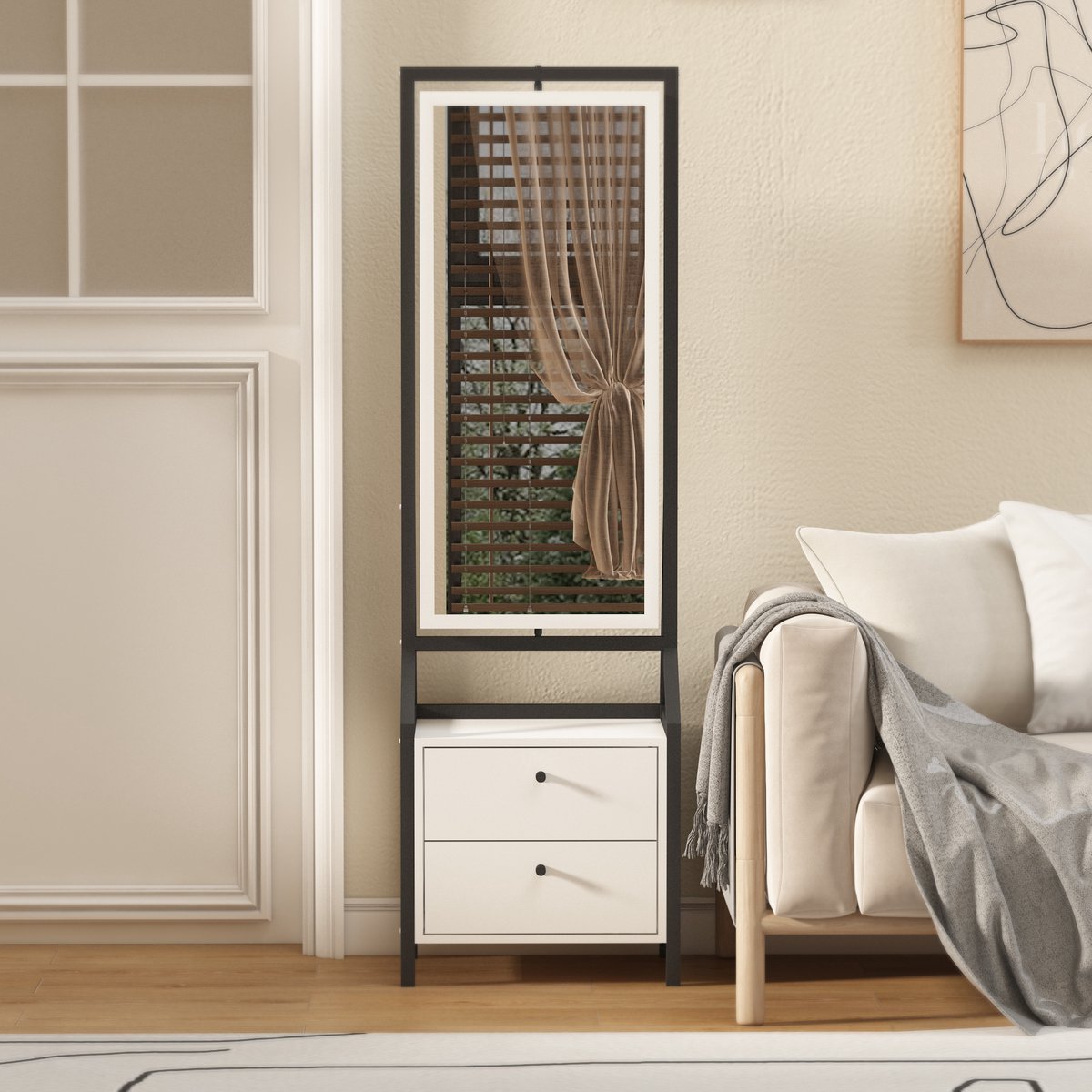 Wishdor Sieradenkast - 360° draaibaar - Met passpiegel - Modern design - Voor slaapkamer en hal - MDF - Wit - 50 x 35 x 165 cm