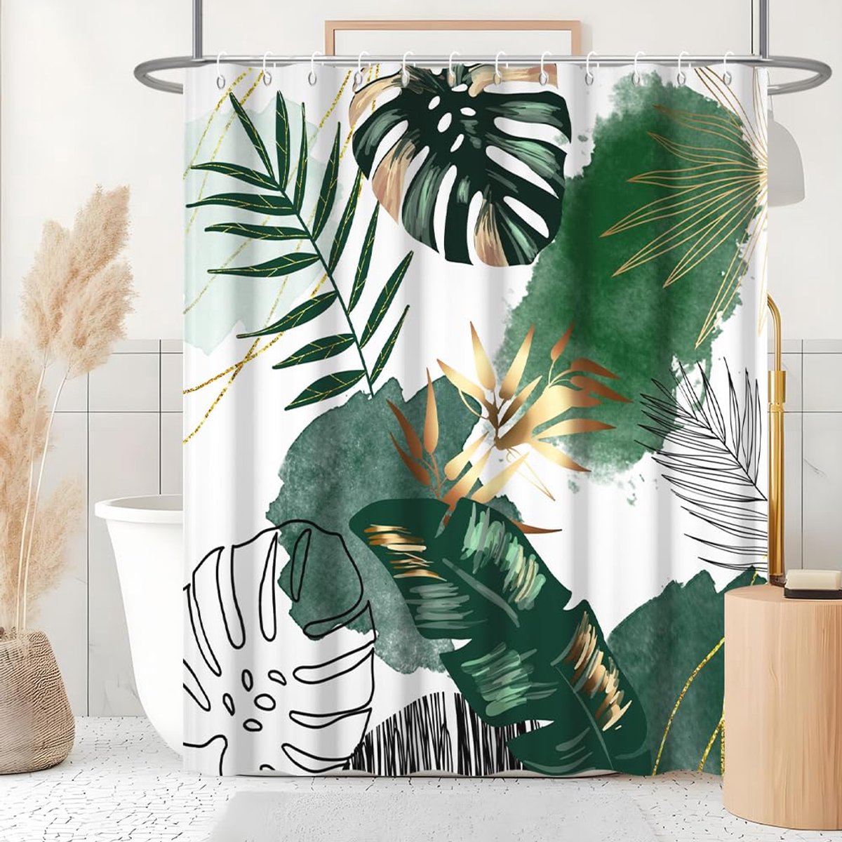 Douchegordijn 180 x 200 cm - boho-stijl - groen-goud palmbladeren - waterdicht en anti-schimmel - ShopVlot