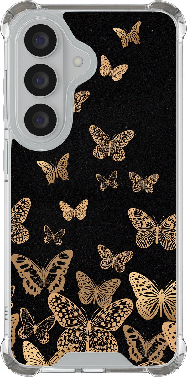 Shockproof hoesje - Geschikt voor Samsung Galaxy S26 - Vlinders - Extra sterke case - TPU/polycarbonaat - Print / Illustratie - Zwart, Goud, Transparant