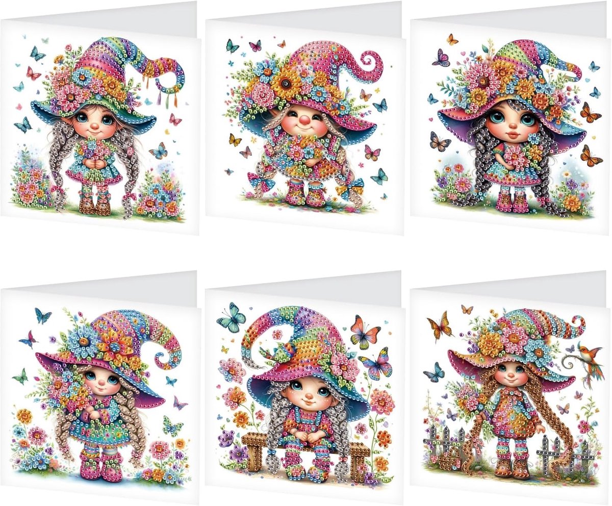 Wenskaarten set - 6 kleurrijke diamond painting kaarten - meisjes met hoed - creatieve verjaardags- en bedankkaarten - ShopVlot