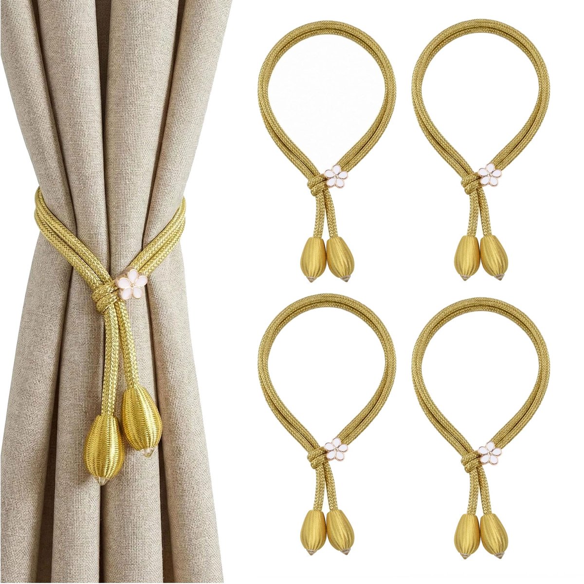 Cortina abrazaderas set van 4 - decoratieve bloemen - gouden kleur - voor slaapkamer en kantoor - ShopVlot