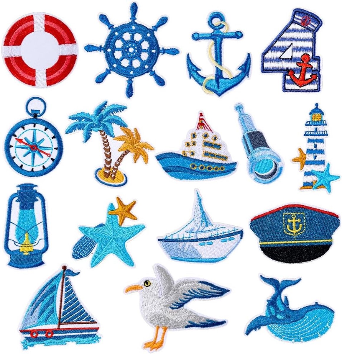 16 Stuks Ocean Themed IJzeren Patches - Geborduurde Applicaties voor Hoeden, Rugzakken en Kleding, Perfect voor DIY Naaiprojecten en Creatieve Naaiwerkzaamheden