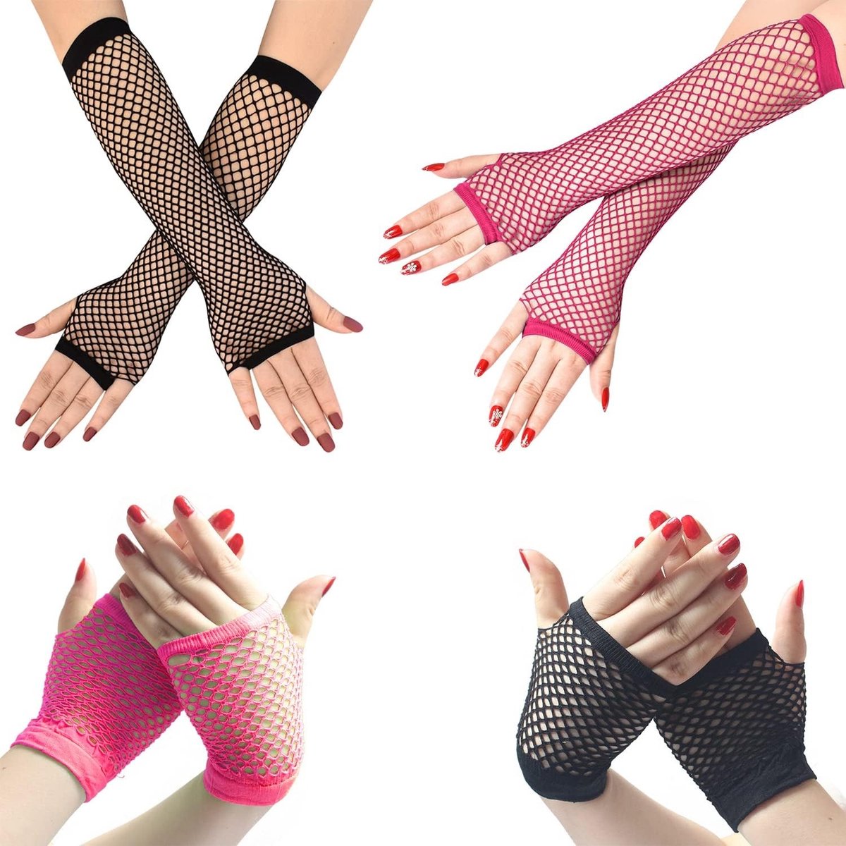 Vingerloze net handschoenen voor vrouwen in roosrood en zwart - Punk stijl, 80s kostuumaccessoires voor themafeesten en masquerades