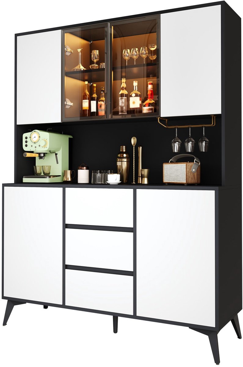 Merax Buffetkast met Vitrinekast - 120 x 40 x 160 cm - Zwart en Wit - 3 Lades - Glazen Deuren - Kleurwisselende Ledverlichting