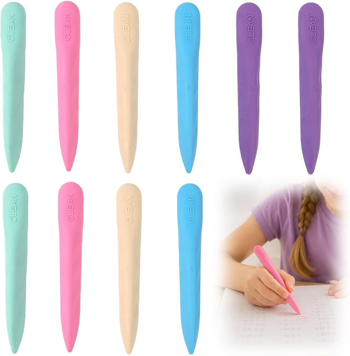 Zachte gum voor kinderen, 10 stuks grote gummen 2B, 5 kleuren, gat in het midden, zachte rubberen gum, streepvrije reiniging, ideaal voor school, tekenen en kantoor