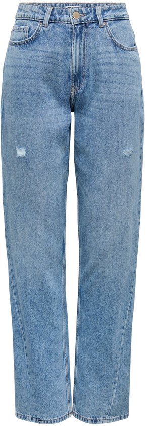 Rechtvallende spijkerbroek met hoge taille in lichtblauw denim met opgestikte achterzakken en lichte scheurdetails.