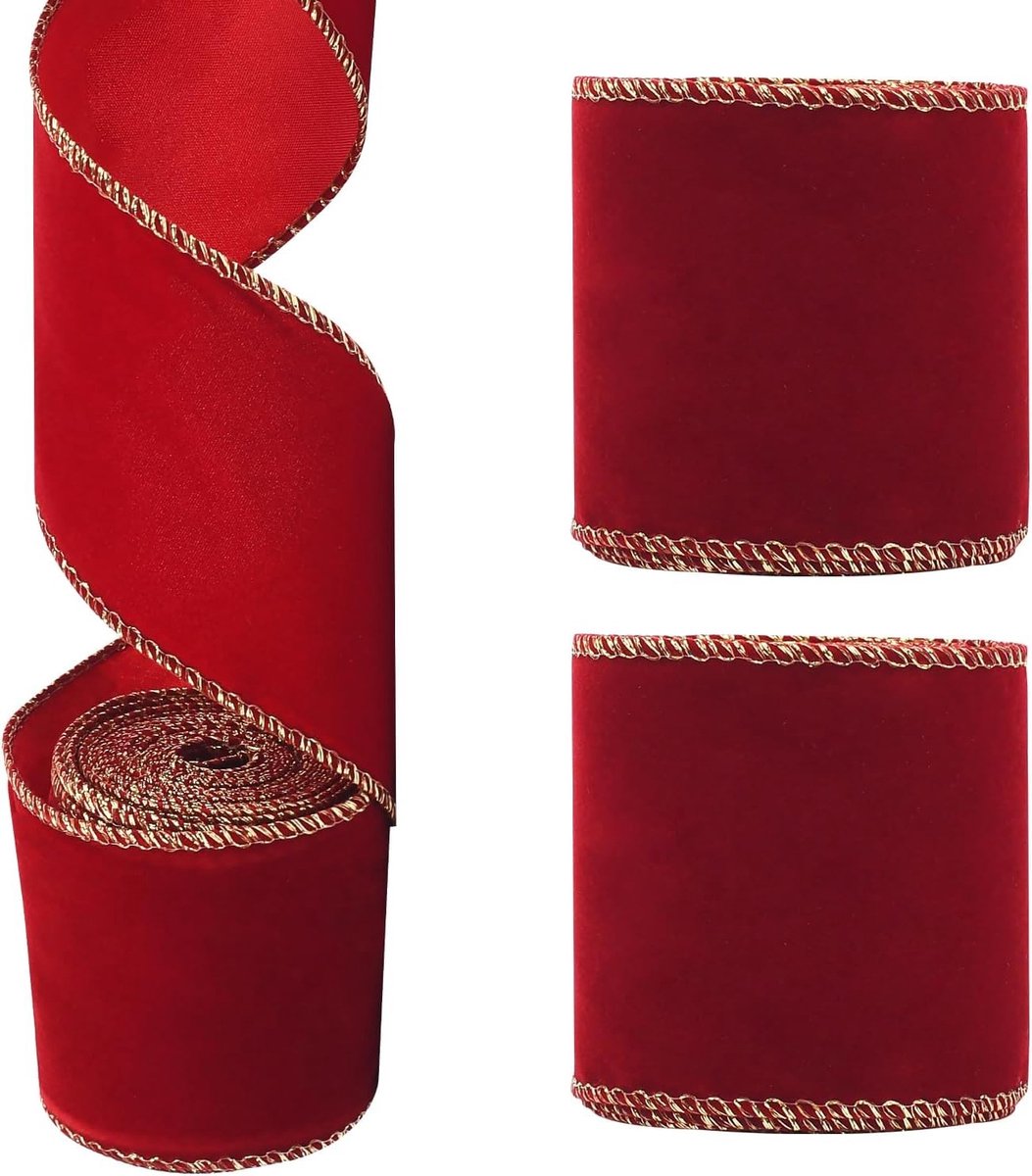 3 Rollen Kerst Velours Linten in Wijnrood met Draadrand voor Verjaardagscadeaus en DIY Decoratie
