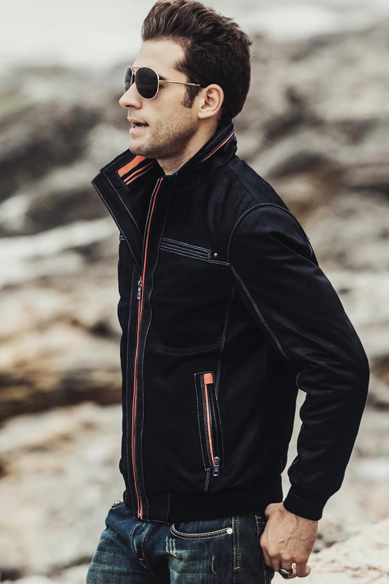 FLAVOR Men's Casual Jacket in Genuine Leather with Standing Collar in Vintage Black - ShopVlot