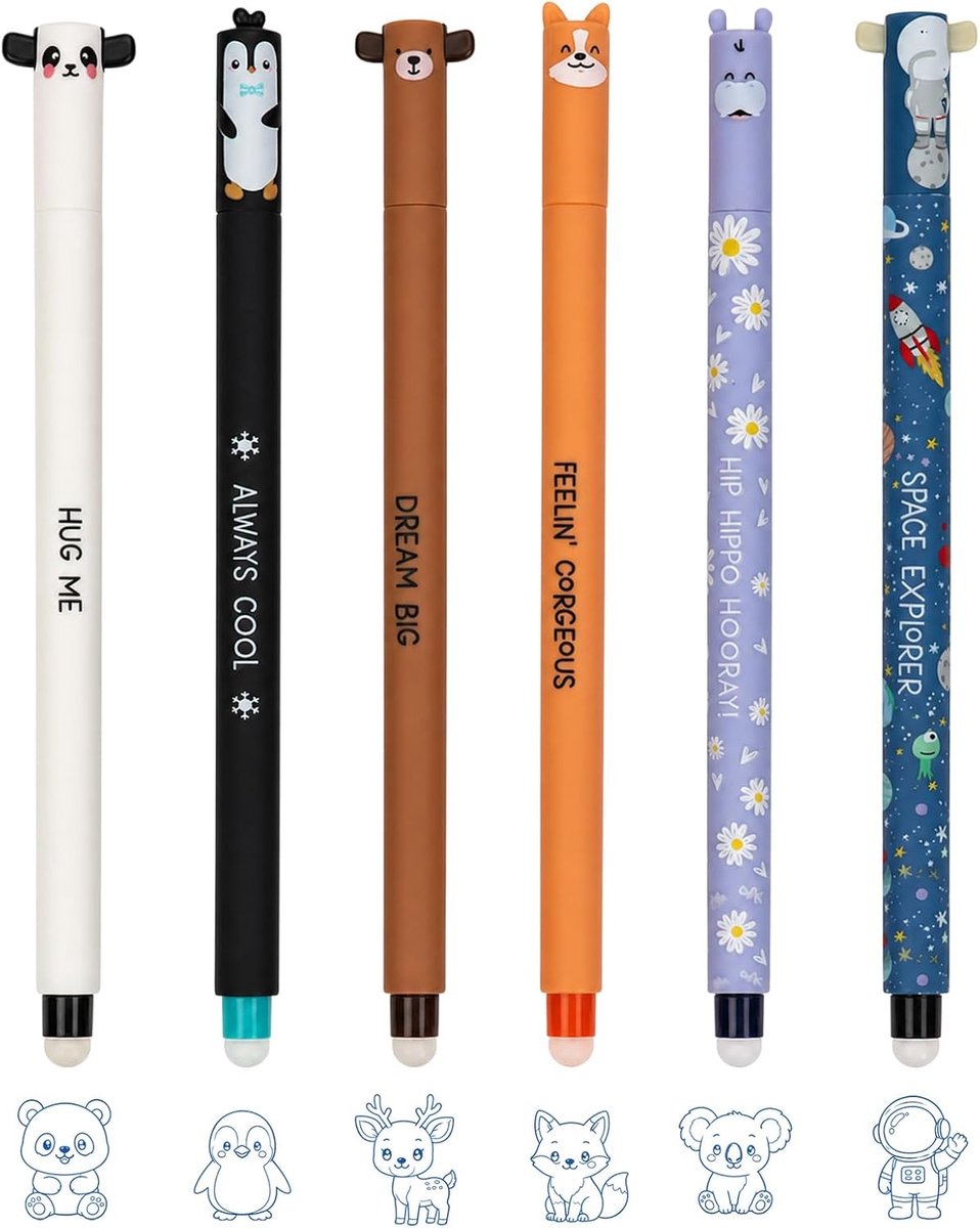 Set van 6 uitwisbare gelpennen, blauw, 0,7 mm punt, blauw potlood - ShopVlot