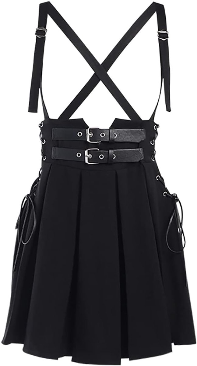 Ladies Goth Punk Black Pleated Skirt Goth Streetwear High Waist Buckle Lace Up Mini Skirt Harajuku Spaghetti Straps - ShopVlot
