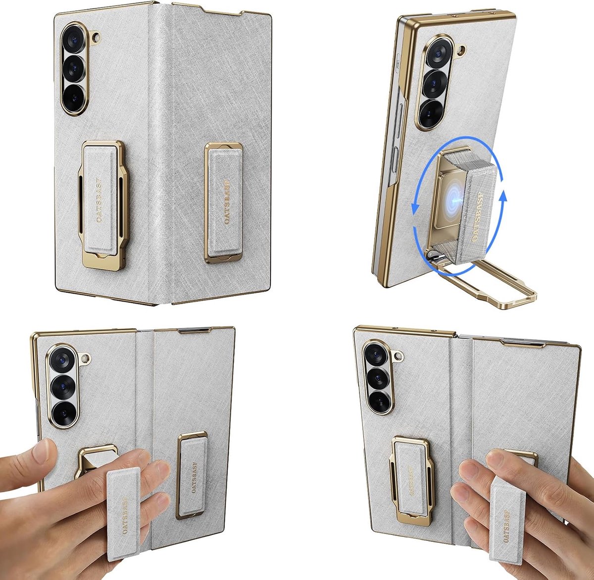 Dual Grip voor Samsung Galaxy Z Fold 7 lederen hoesje met handriem, 360 ° draaibare standaard, full body screen - ShopVlot