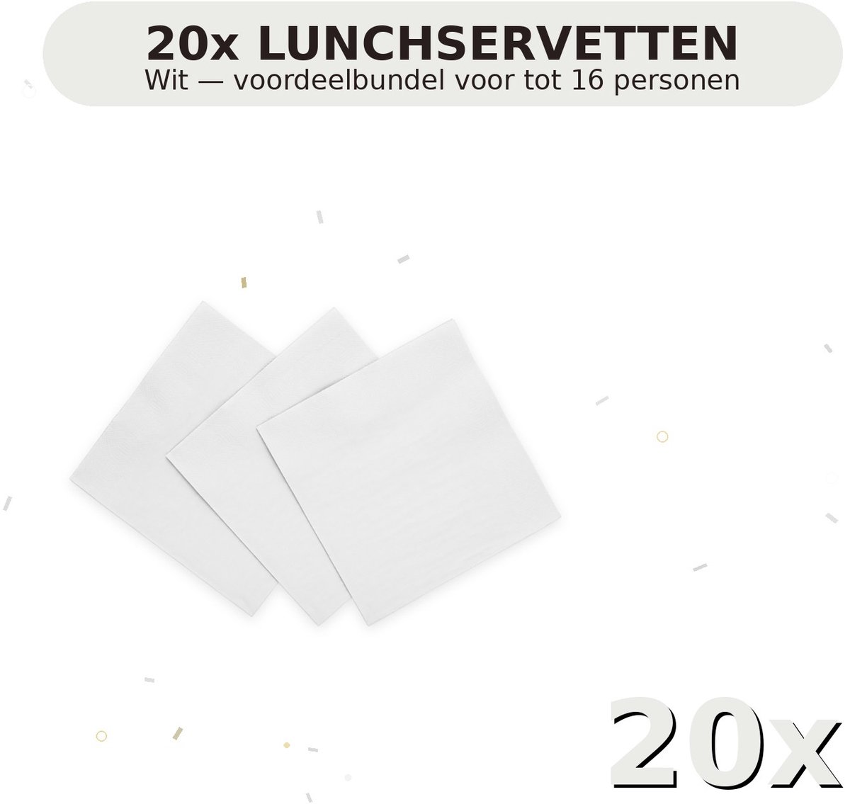 Lunch servetten 33x33cm FSC Wit - Voordeelverpakking 20 Stuks voor tot 16 Personen - Feestartikelen