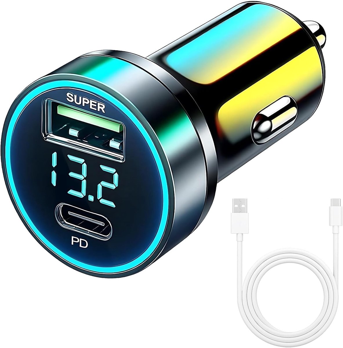 Autolader - Zwart - USB-C en USB A - Metalen Sigarettenaanstekeradapter 12 V - Voor Smartphone, Tablet en Laptop