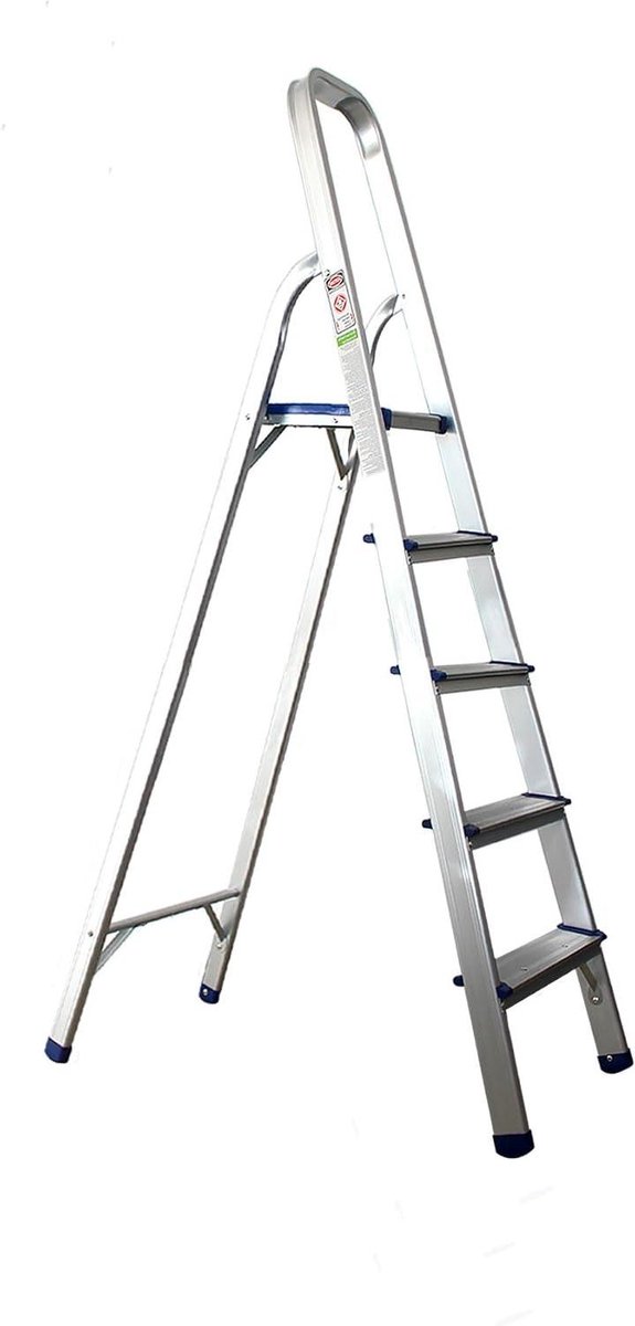 Aluminium Huishoudtrap - Opvouwbare Ladder - Klusjes in Huis - 5 Treden Platform - 150 kg Draagkracht - Zilver