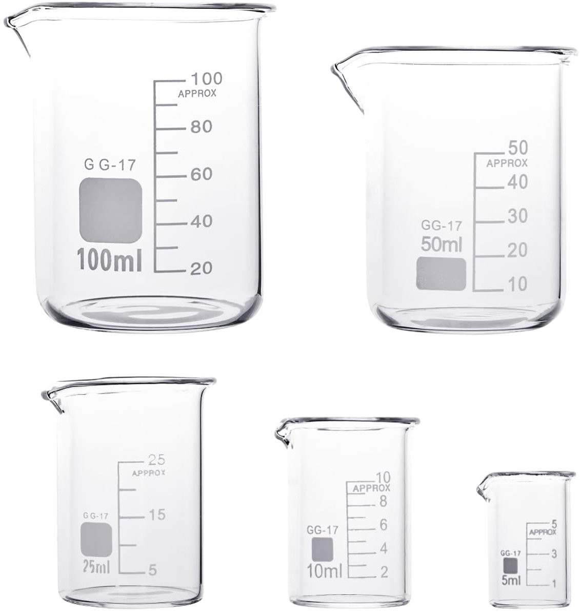 Bekerglazen set 5 stuks - borosilicaatglas - hittebestendig - ideaal voor laboratoriumgebruik - ShopVlot