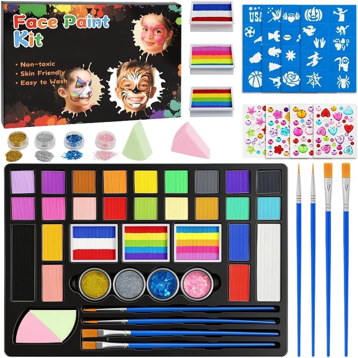 Complete Gezichtsverf Set voor Kinderen met 24 Kleuren, Penseel, Glitter, Tattoo Sjablonen en Wasbare Make-up voor Halloween en Carnaval